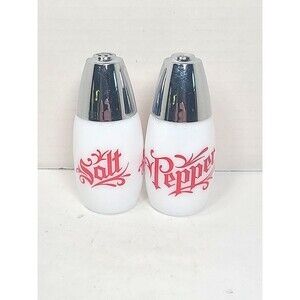 Gemco White Milk Glass with Red Script and Silver-Tone Lids Vintage MCM